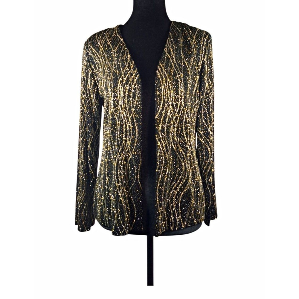 Ronni Nicole Black/Gold Glitter Metallic Open Front Lined Jacket Size 6